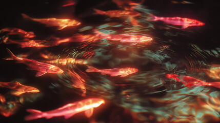 Holographic koi fish pond, glowing koi flickering like projections, soft light and reflections, futuristic vibe