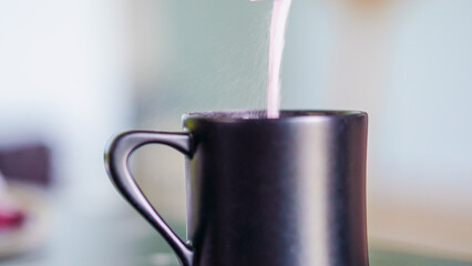 Lifestyle Health care. Hand person scooping collagen powder. Collagen, which contains vitamins, helps nourish, anti age, nutrition and restore the body's deterioration. Healthy snacks morning routine 