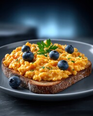 A delicious slice of toast topped with creamy scrambled eggs and fresh blueberries, styled beautifully for a modern, gourmet breakfast scene on a dark background.