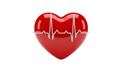 Red heart symbol with electrocardiogram pulse line, representing cardiology and health, isolated on white background