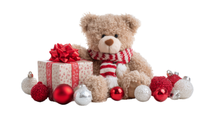 A soft teddy bear with detailed fur texture standing upright on transparent png background. Ai generated