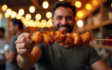 A joyful man holds a delicious food skewer with a smile. The setting is festive with soft lights. This image captures the essence of enjoyment and food culture. Popular for food blogs. AI