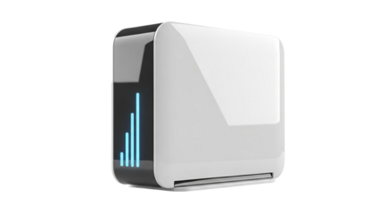 Modern electronic device with glowing blue indicator lights and sleek white casing, showcasing innovative technology