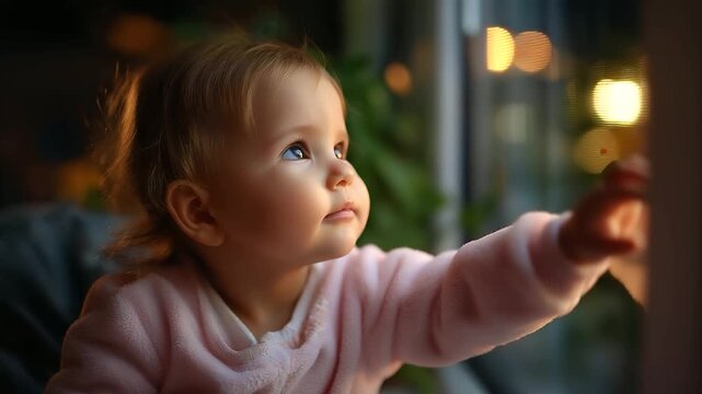 Dreaming toddler lit, imaginary star early, imagination discovery baby, reaching out wonder, soft lighting adds, warm emotion hope, curiosity infant wonder, with copy space