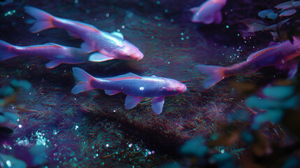 Holographic koi fish pond, glowing koi flickering like projections, soft light and reflections, futuristic vibe