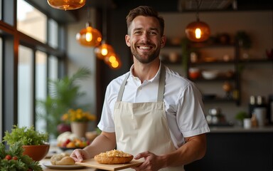 For you. Joyful happy man smiling while serving food. High quality