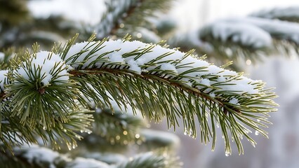 Snow-covered Pine Tree Branch with Green Needles and Soft Lighting in Winter Scene
