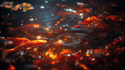 Holographic koi fish pond, glowing koi flickering like projections, soft light and reflections, futuristic vibe