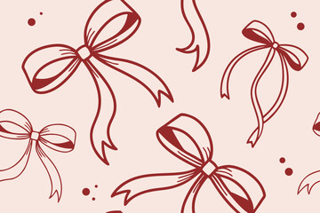 Seamless Vector Outline Pattern of Red Gift Bows and Ribbons on Pastel Background. Seamless pattern with red bow