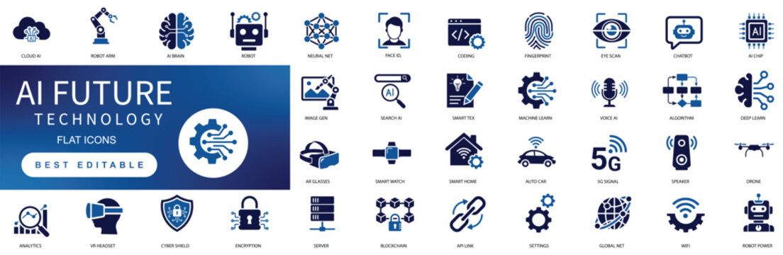  AI future technology solid icon set featuring artificial intelligence brain, machine learning robot, cyber security shield, and smart cloud network vector symbols.
