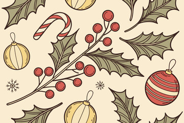 Seamless Vintage Christmas Pattern with Holly, Candy Canes, and Ornaments in Outline Vector Style. Seamless pattern with autumn leaves
