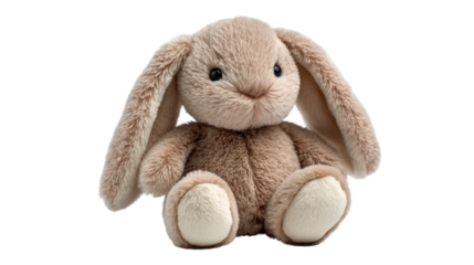 Soft white bunny plush toy with long ears sitting upright on transparent png background. Ai generated