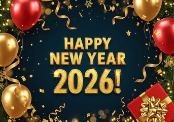 Happy New Year 2026 Festive Celebration with Balloons Confetti and Gift Box.