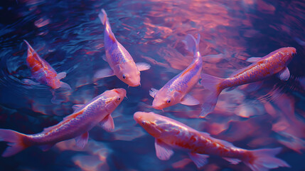 Holographic koi fish pond, glowing koi flickering like projections, soft light and reflections, futuristic vibe