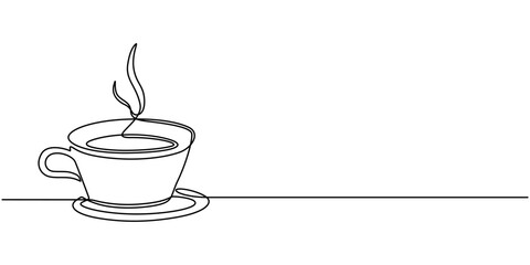 Continuous thin line coffee cup with smoke vector illustration, minimalist sketch doodle for cafe.