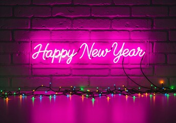Pink neon sign glowing Happy New Year message on a brick wall with colorful festive lights.