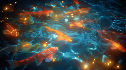Holographic koi fish pond, glowing koi flickering like projections, soft light and reflections, futuristic vibe
