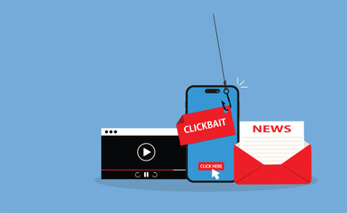 Clickbait message.Clickbait concept with smartphone and fishing hook on message
