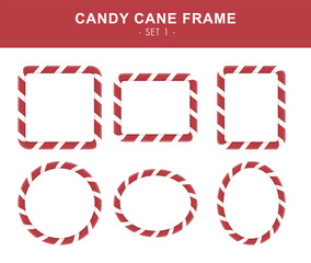 Christmas candy cane frame set. Red and white striped borders. Square, horizontal rectangle, vertical rectangle, circle, horizontal oval and vertical oval borders in red and white lollipop style.