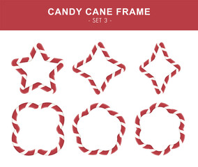 Christmas candy cane frame set. Red and white striped borders. Star, shuriken, sparkle, clover, flower and six-petal flower borders in red and white lollipop style.