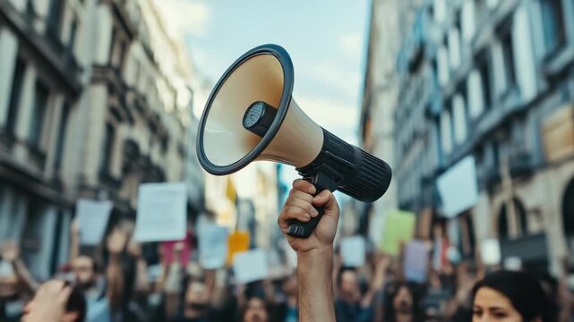 Raised fist holding a bullhorn during a political demonstration. A crowd of activists marches on a city street for their civil rights
