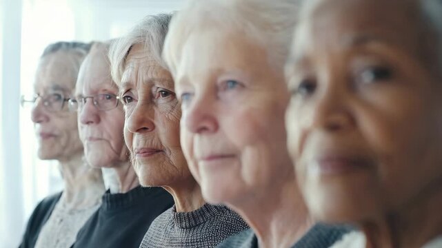 Group of multiethnic senior women standing in a line, looking forward with thoughtful and peaceful expressions. Diversity and unity in old age
