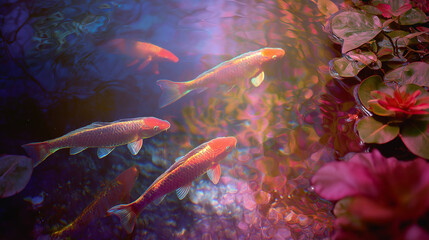Holographic koi fish pond, glowing koi flickering like projections, soft light and reflections, futuristic vibe