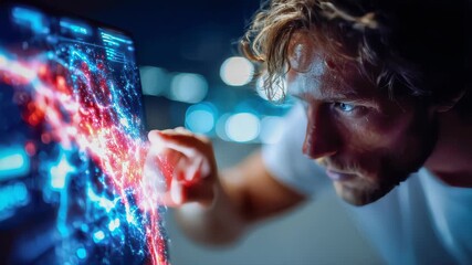 A man intensely studies a bright, dynamic holographic world map filled with glowing red and blue data points - Powered by Adobe