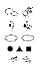 Set of black and white outline and solid icons featuring communication bubbles stylized organic shapes ornate decorative frames basic geometric figures and dynamic fast moving arrow symbols