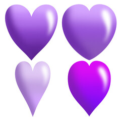 Purple 3D hearts set. Collection of glossy and matte violet love symbols isolated on white.