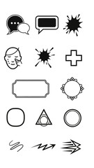Set of black communication icons explosion health frames shapes and speed arrows graphic elements for visual design identity on white background