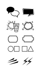 Monochrome set of communication symbols explosion effects frames geometric shapes and lightning speed elements for design vector illustration