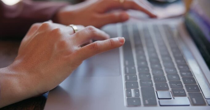 Woman, hands or typing in home with laptop for remote work, journalism research or news report. Freelancer, female person or browsing in apartment with computer for article, editing blog or planning.