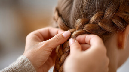 Mother braiding daughter's hair in cozy home setting for relaxation and bonding