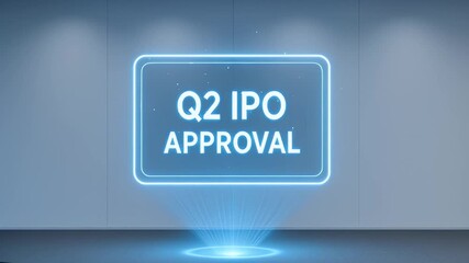 Q2 IPO approval neon holographic projection blue sign text over empty modern presentation room with futuristic glow conveying business finance approval and corporate milestone success