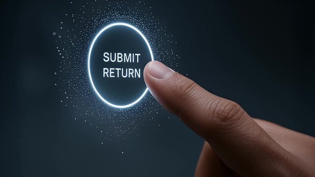 Submit return button glowing futuristic virtual interface as finger presses circular control expressing decisive action and confirmation digital transaction finger pressing illuminated submit return