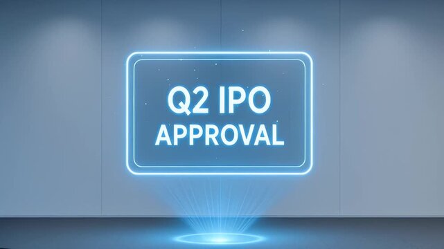 Q2 IPO approval neon holographic projection blue sign text over empty modern presentation room with futuristic glow conveying business finance approval and corporate milestone success