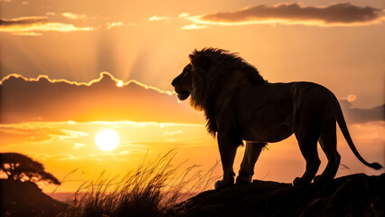 African lion silhouetted against vibrant sunset, standing proudly on a hill overlooking savanna landscape