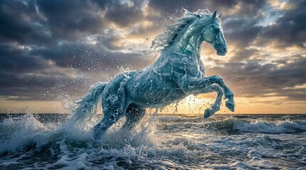  A powerful stallion rising from the ocean, its body composed of crashing waves, droplets suspended in the air as if frozen in time.