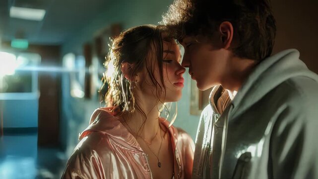 Teen couple sharing a tender kiss in a sunlit school hallway