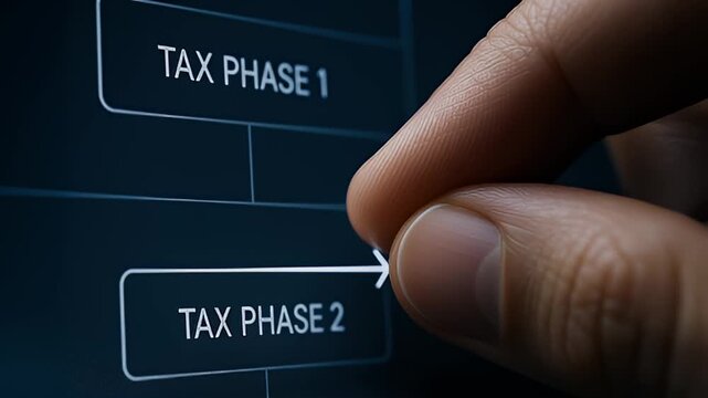 Finger touching touchscreen flowchart tax phase 1 to tax phase 2 guiding process with focused fingertip touch arrow for business finance planning decision making and transition