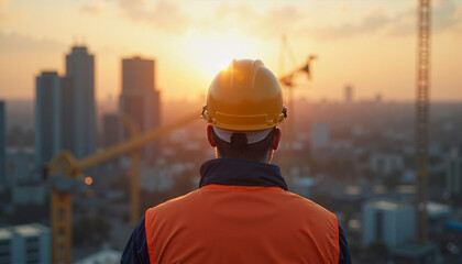 Construction Worker Gazing at City Skyline During Sunset