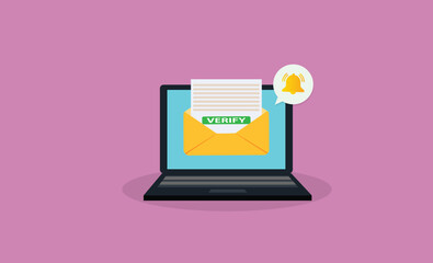 Laptop with a bell notification and verify mail. .Reminder on desktop. New message notification
