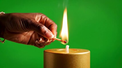 Close up of a dark skinned hand lighting a golden pillar candle against a vibrant green screen background for easy editing