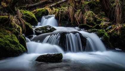 Serene Forest Waterfall with Mossy Rocks and Lush Greenery.