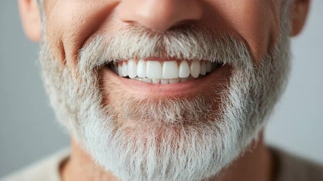 Extreme close-up of a mature man's mouth smiling. The elderly male has a beautiful, healthy white smile and a well-groomed grey beard