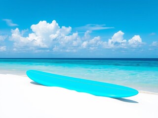 Fototapeta premium Vibrant blue surfboard rests on pure white sand, a striking contrast against the calm turquoise sea and cloud-speckled azure sky, beach scenery, clear blue sky