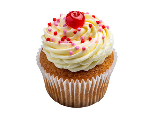 Vanilla cupcake with yellow frosting red cherry and pink red sprinkles dessert sweet