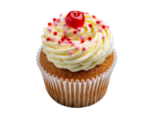 Vanilla cupcake with yellow frosting red cherry and pink red sprinkles dessert sweet
