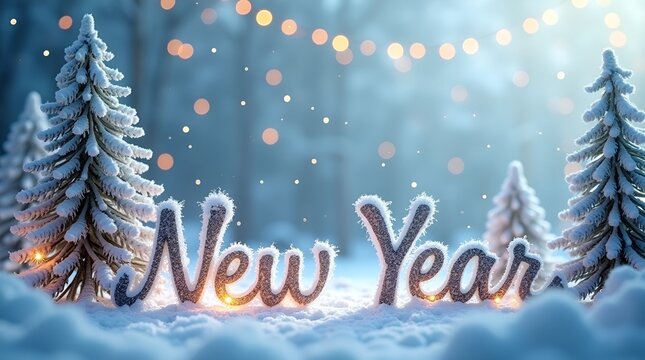 Shimmering snowy landscape with soft glowing lights, frosted pines, and elegant silver festive message - Powered by Adobe